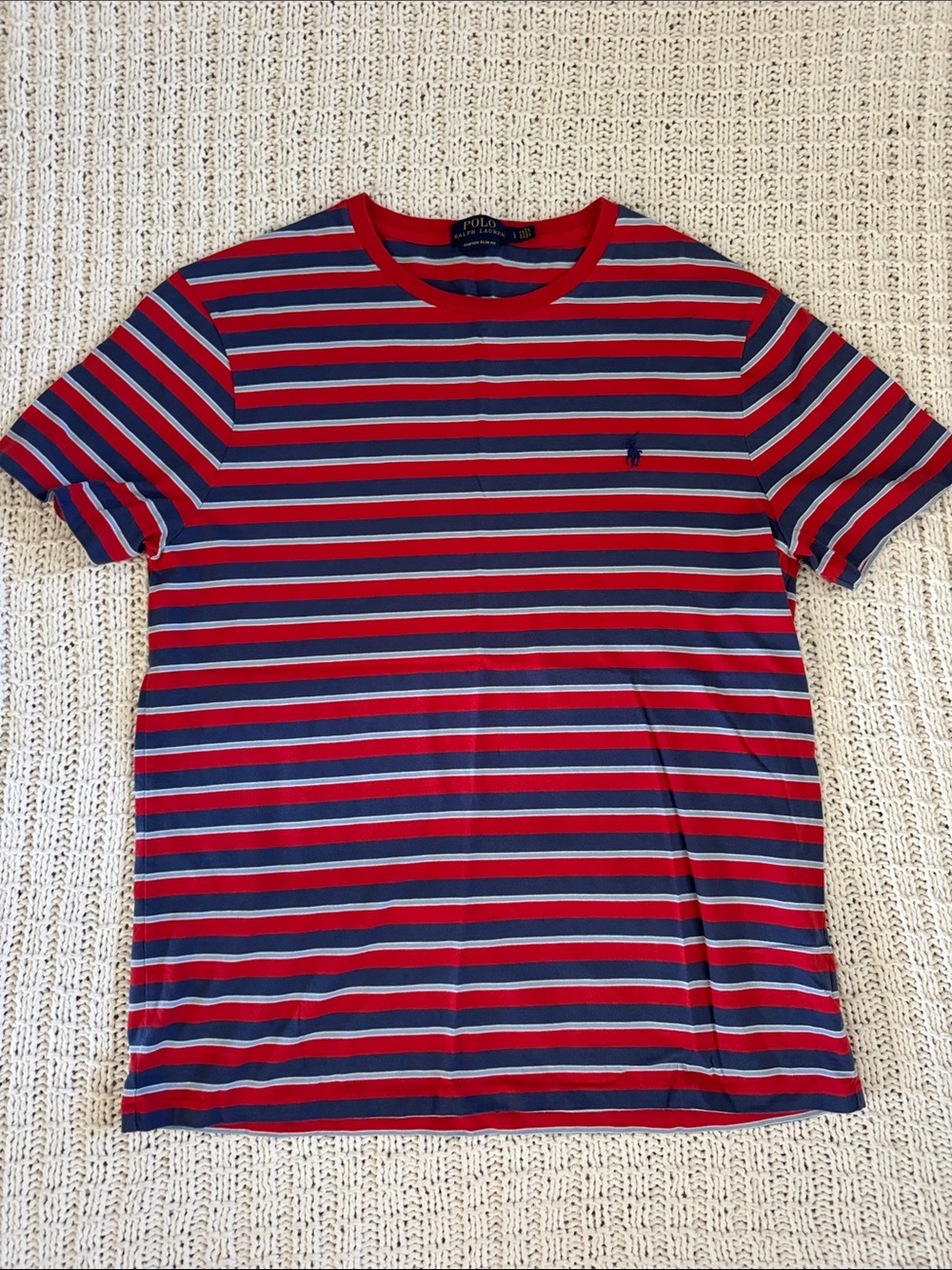 Polo by Ralph Lauren Red, Navy & White Striped Crew Neck Tee
